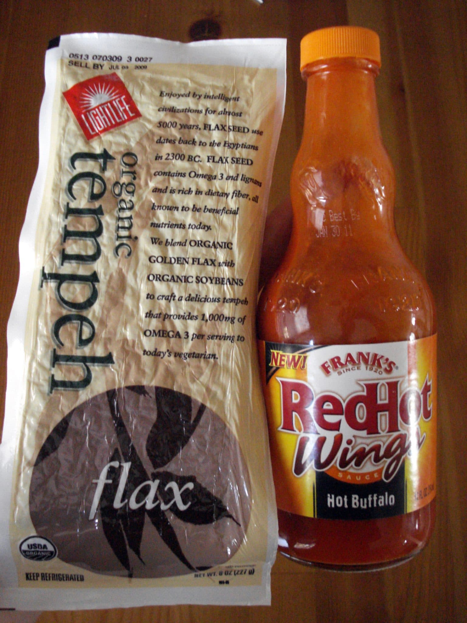 Organic Flax Tempeh and Frank's Red hot Wing Sauce