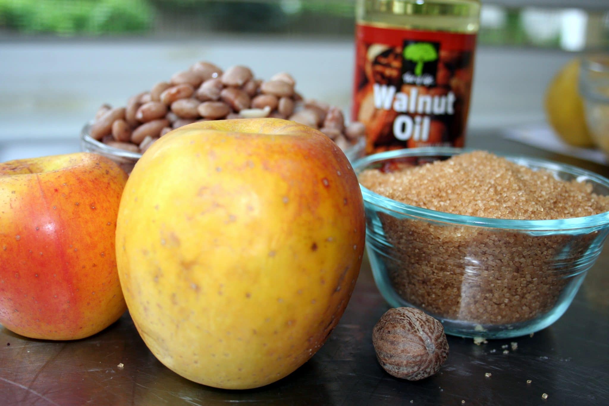 Apple, sugar, and pinto beans - ingredients for Apple-Pinto tart
