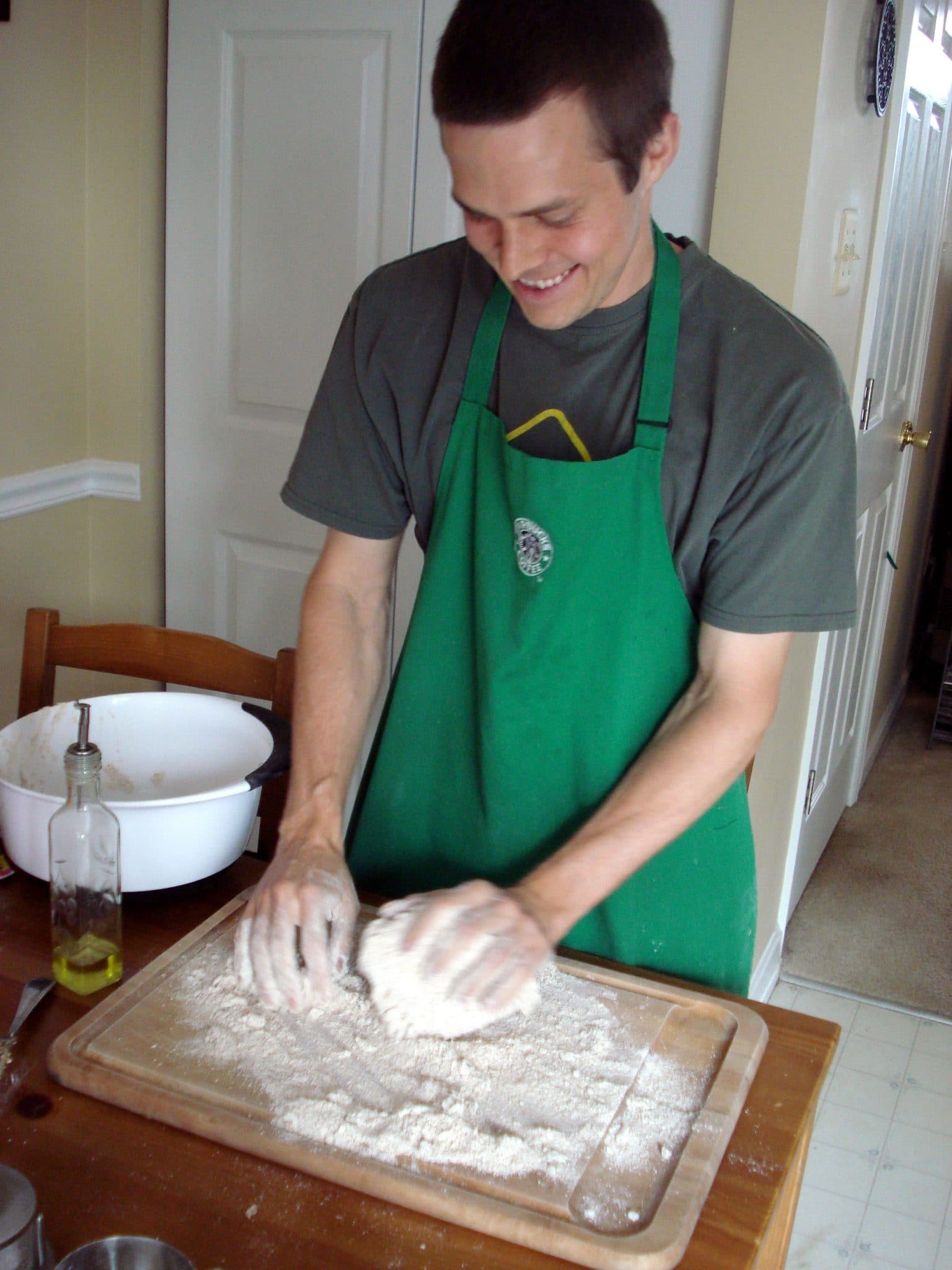 Matt kneading the pasta dough by hand on floured counter space