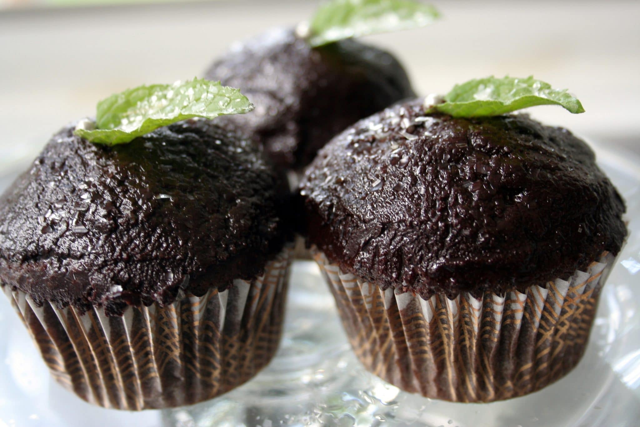 Close up of 3 Chocolate Thin Mint Cupcakes with a fresh mint leaf garnish