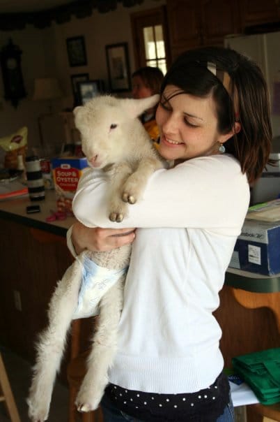 Woman holding baby goat