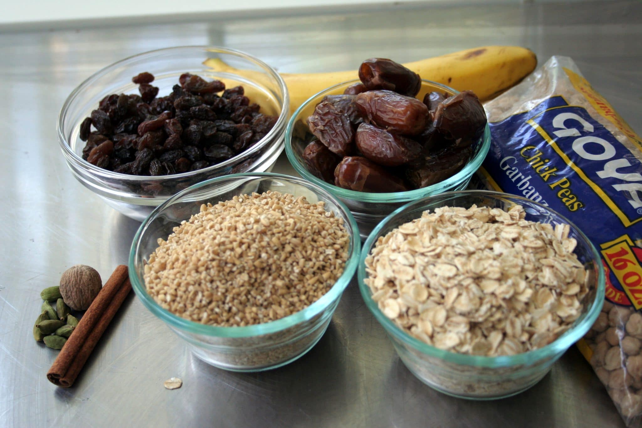 Ingredients to make Vegan Oatmeal Raisin cookies