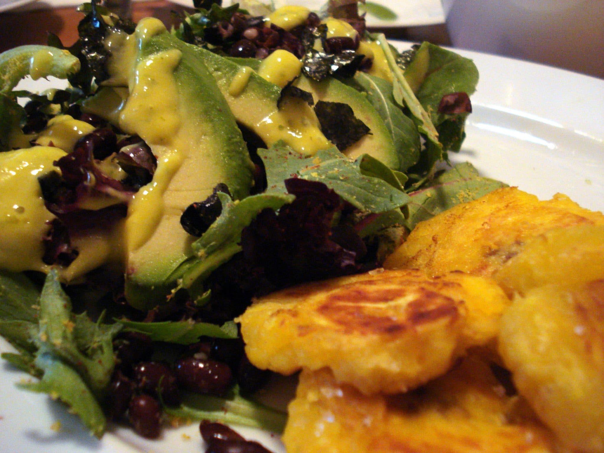 Lemon Plantains with an avocado black bean side salad