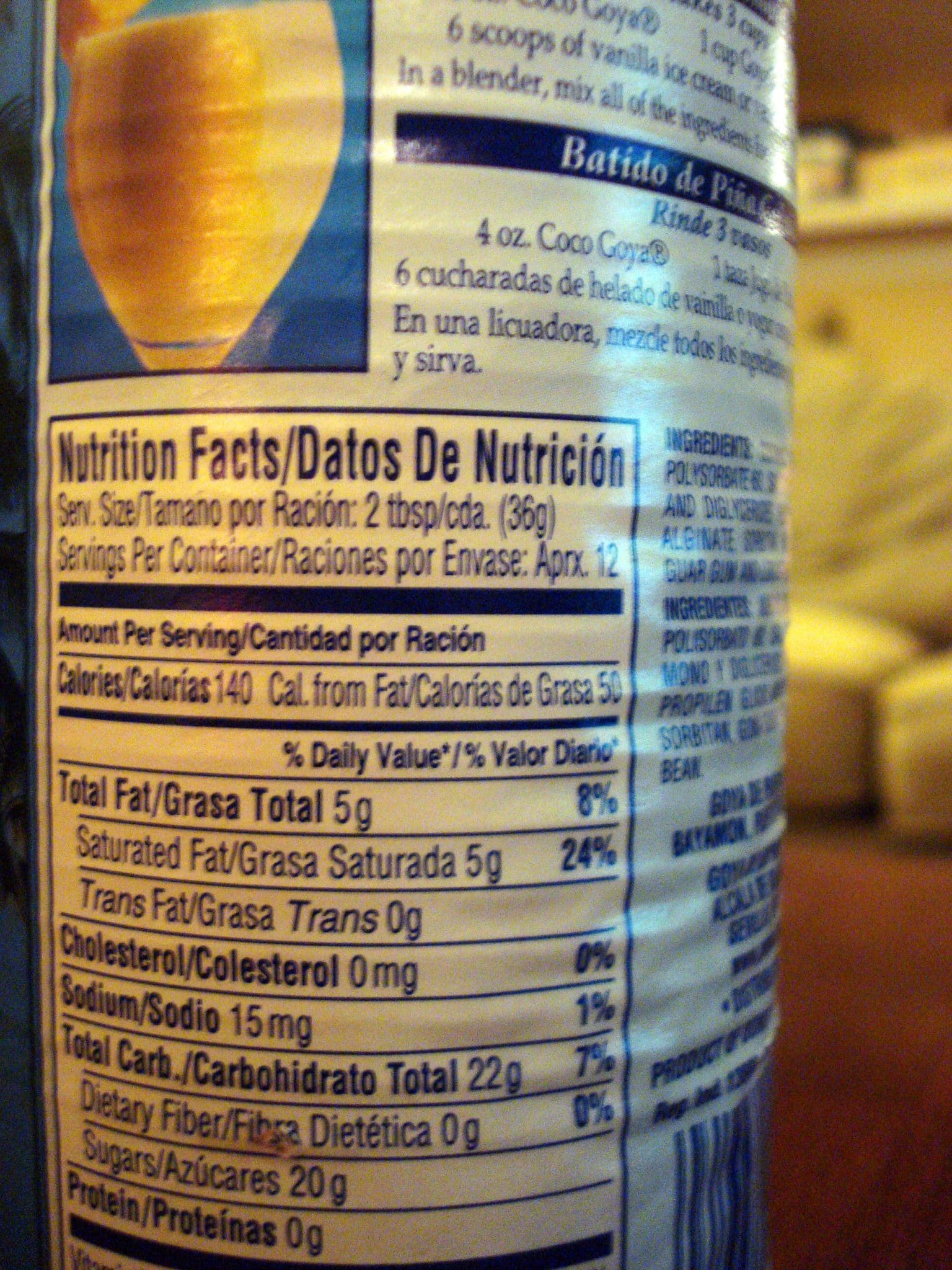 Nutrition Label on back of can of coconut milk