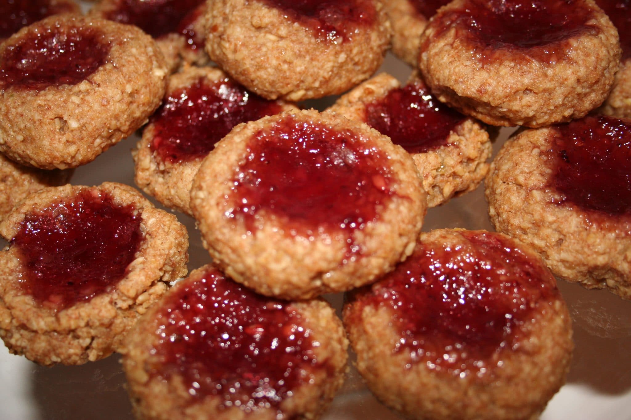 Close up of Vegan Thumbprint Cookies with jam filling