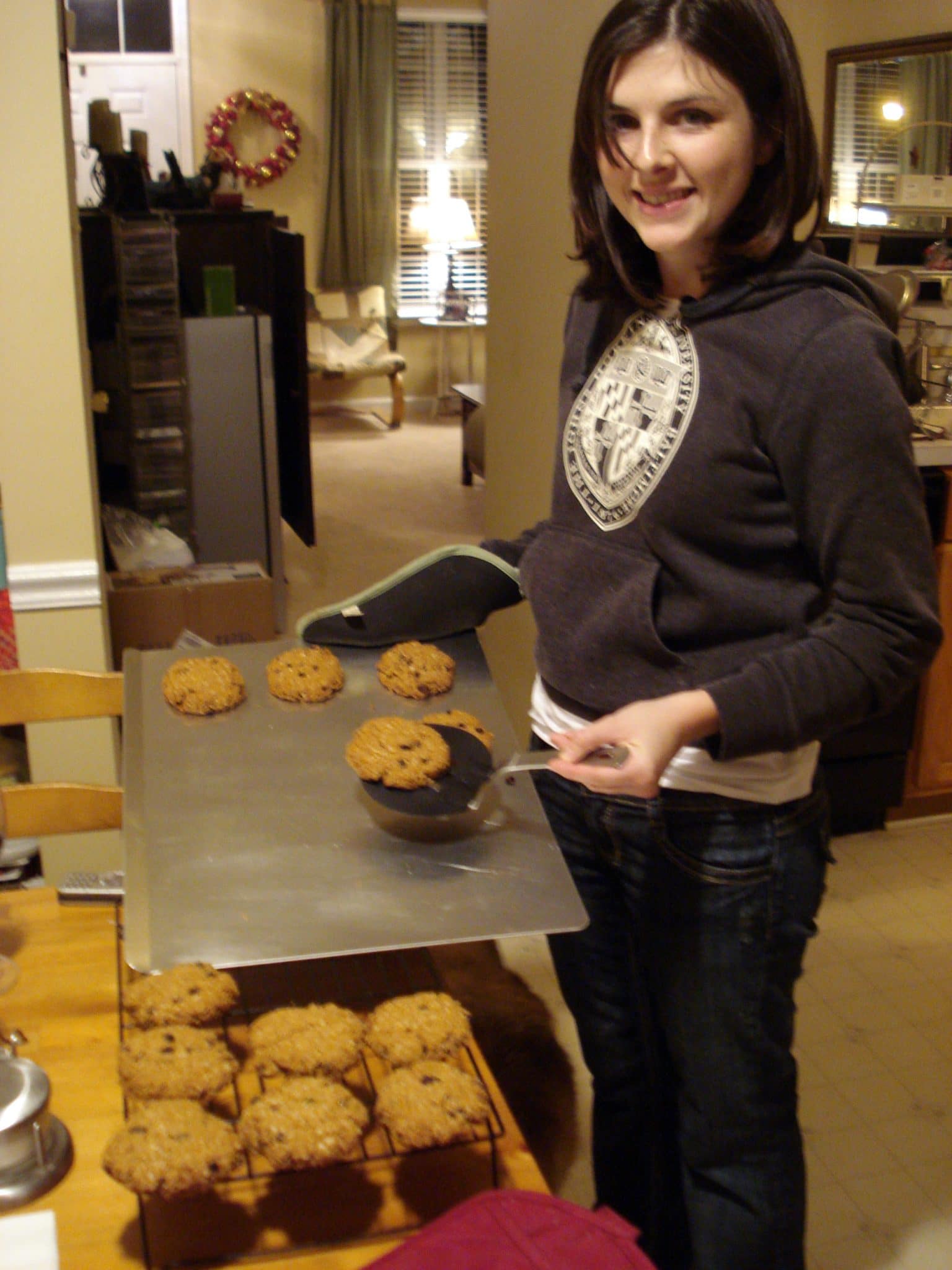 Vegan Oatmeal-Flax-Spelt Cookies being taken off hot pan to cool