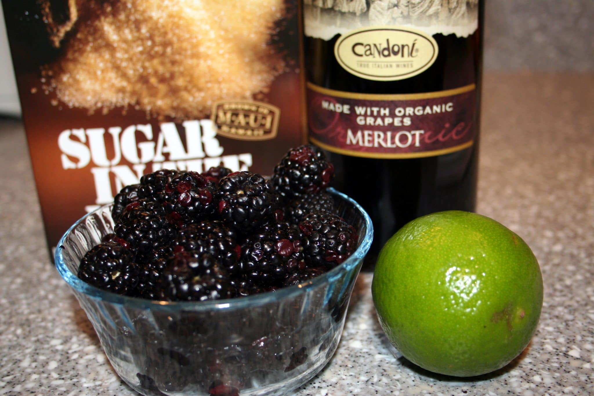 Ingredients for sorbet: Merlot, blackberries, lime and sugar