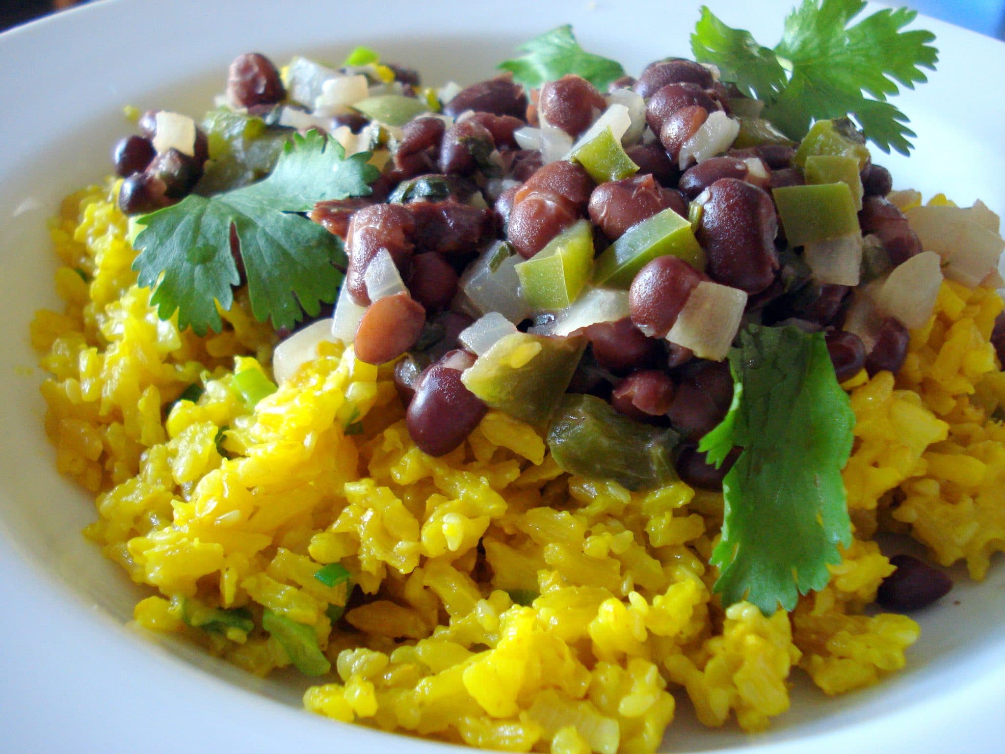 Plate of Black Beans with Coconut Rice with fresh cilantro