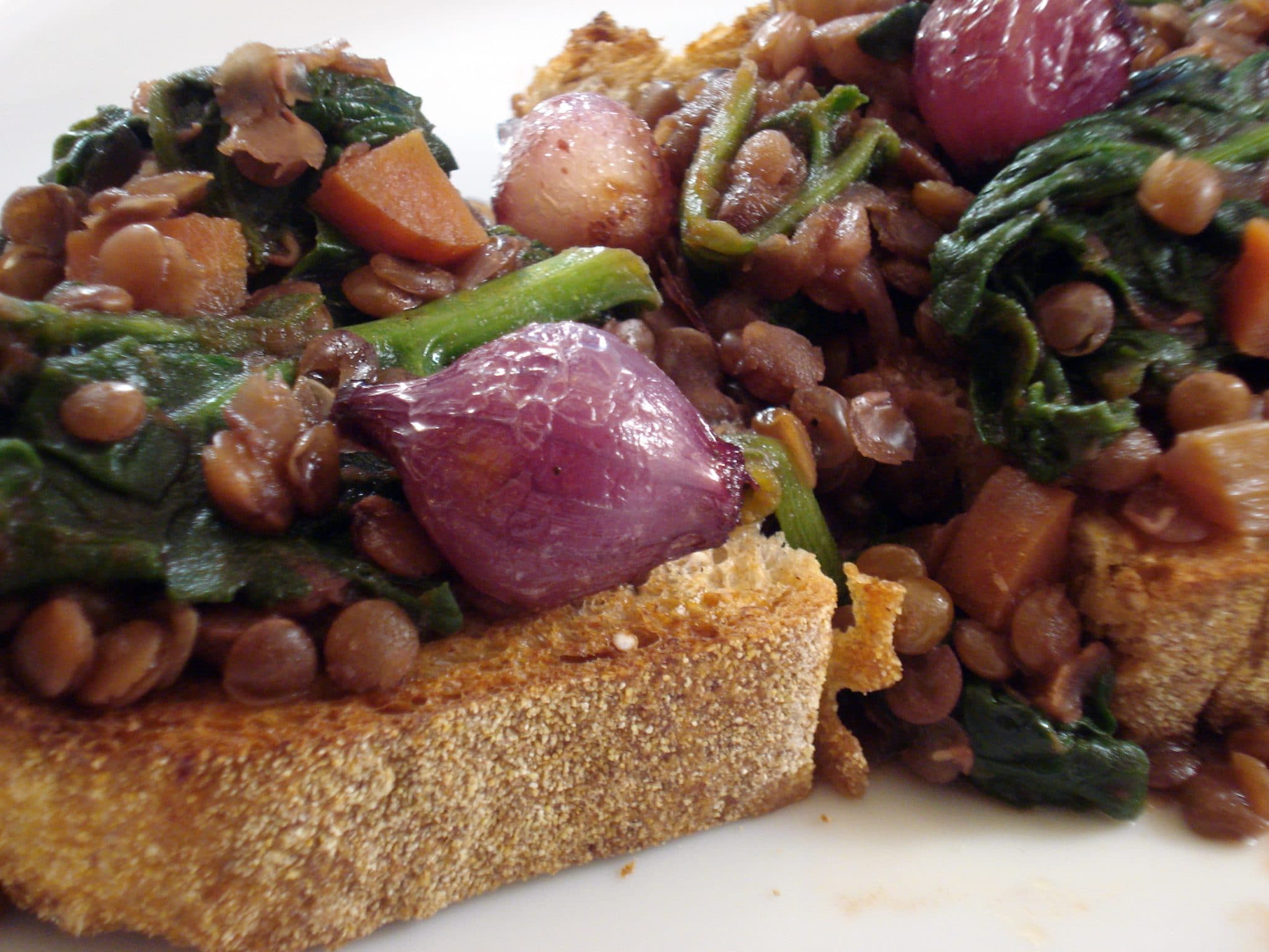 Close up of Wine Braised Lentils over toast with spinach and red pearl onions
