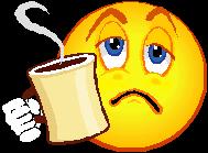 Sad emoji holding cup of hot coffee
