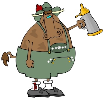 Cartoon bull, dressed for Oktoberfest, holding beer stein