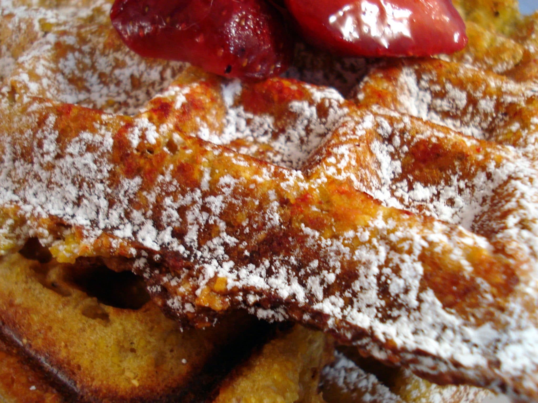 Close up of Tarahumara Chia Waffles with powdered sugar