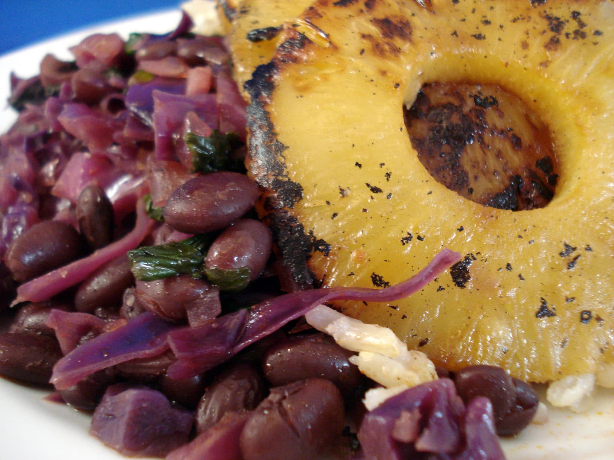 Grilled pineapple, black beans and rice