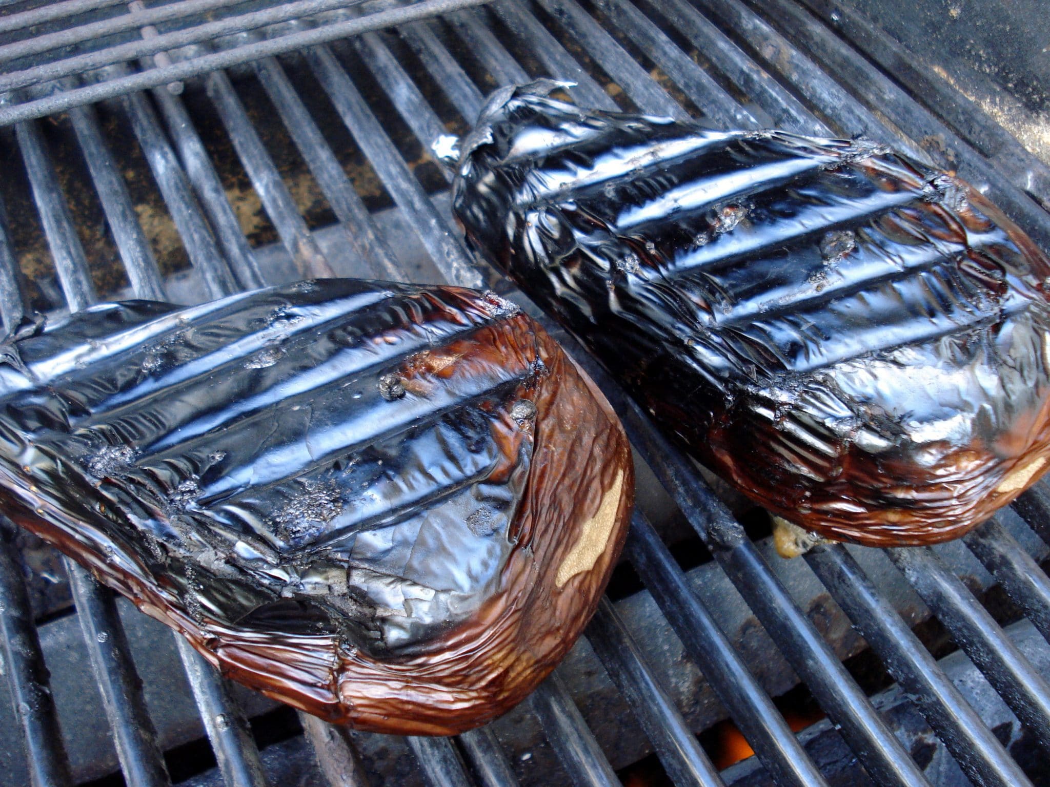 Crispy skin on roasted whole eggplant