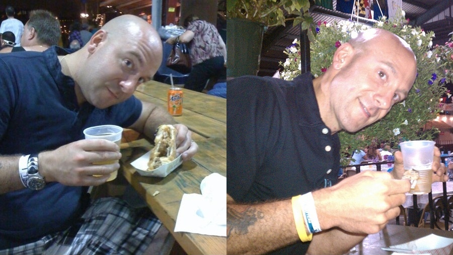 2 photos of Tom eating - one before going vegan and one after
