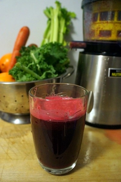 Glass of red "Vampire's Delight" fresh juice