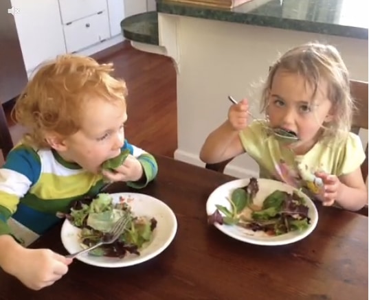 Fraternal twins eating salad
