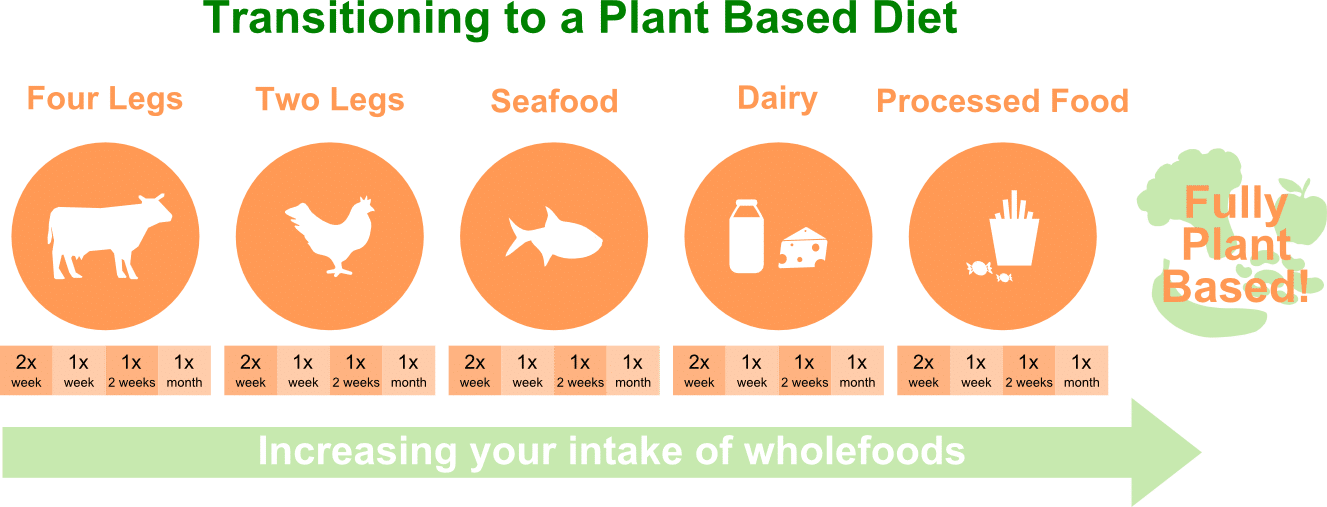 6 steps to become fully plant-based. remove 4 legs, then 2 legs, seafood, dairy and processed food. You are now plant-based.
