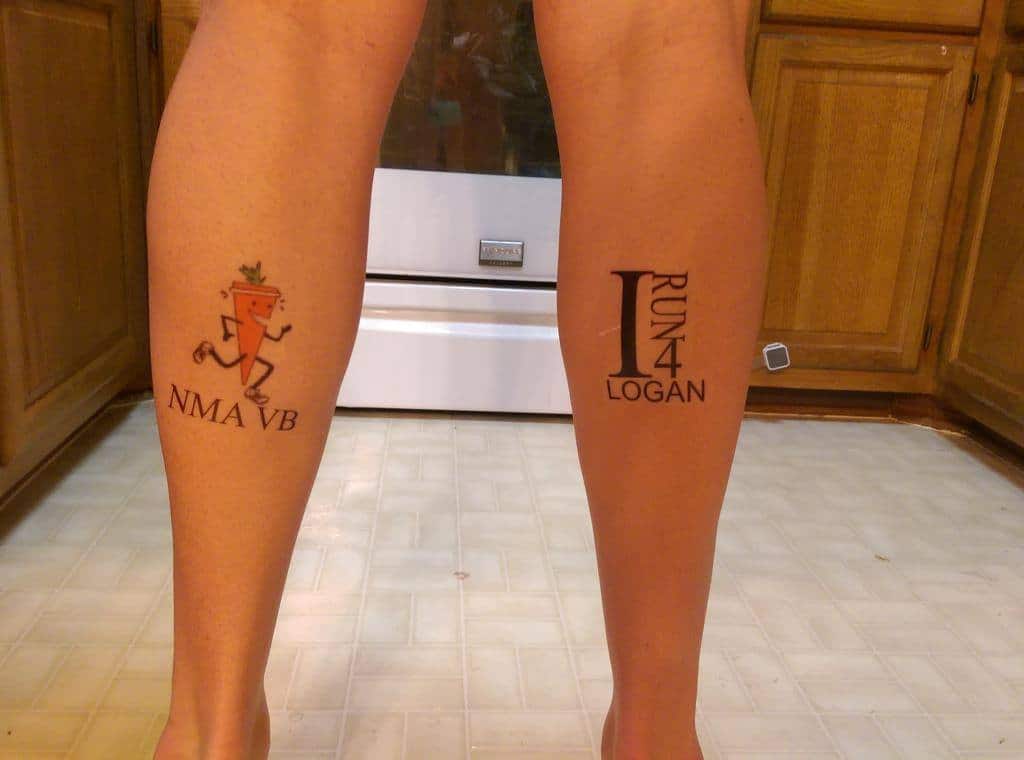 Calf tattoos: NMA running carrot and "I run 4 Logan"