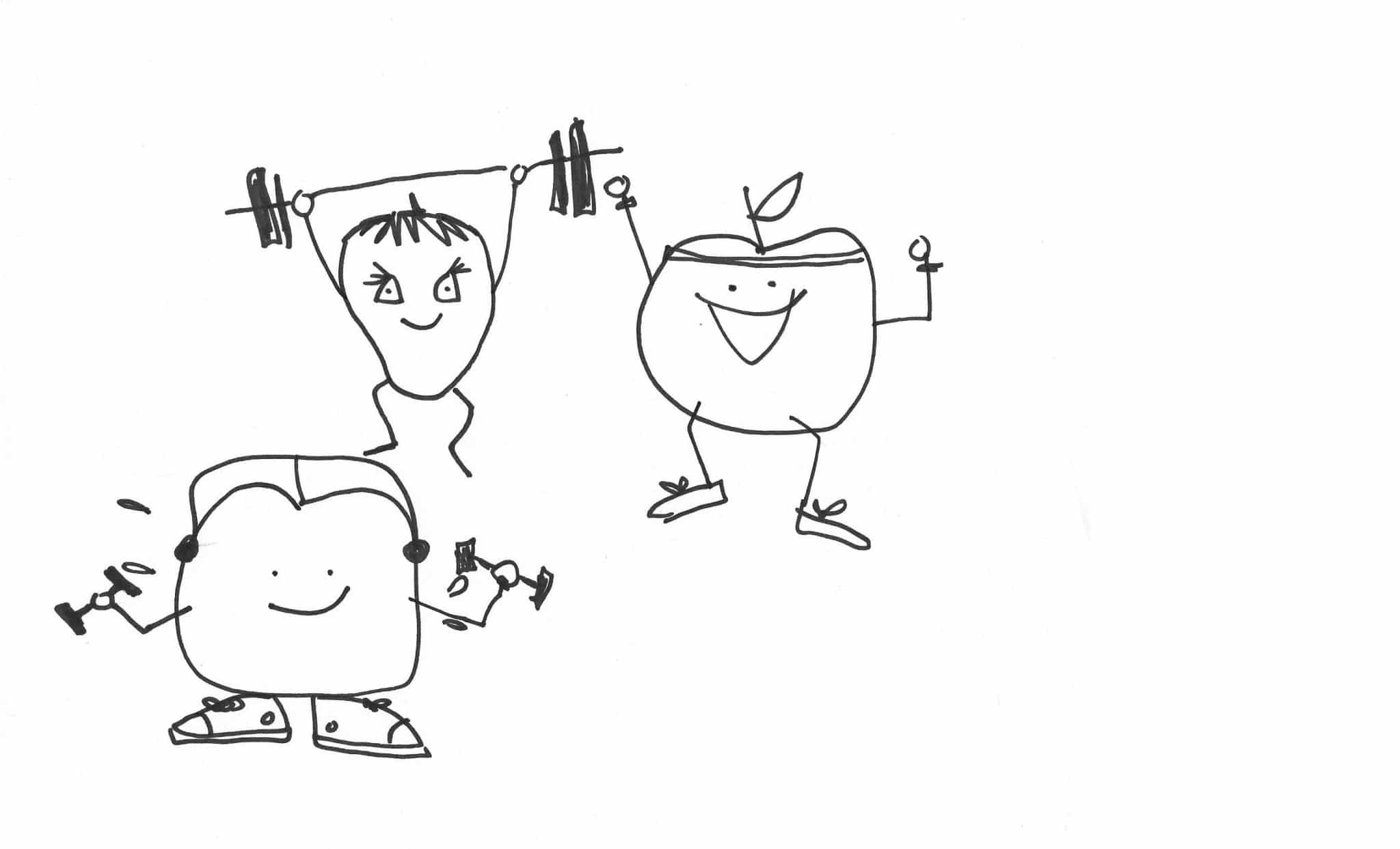 Original No Meat Athlete logo (stick drawings of fruit, workout out)