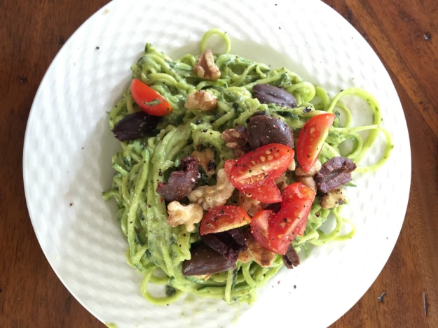 Zoodles with olives, tomatoes, and walnuts