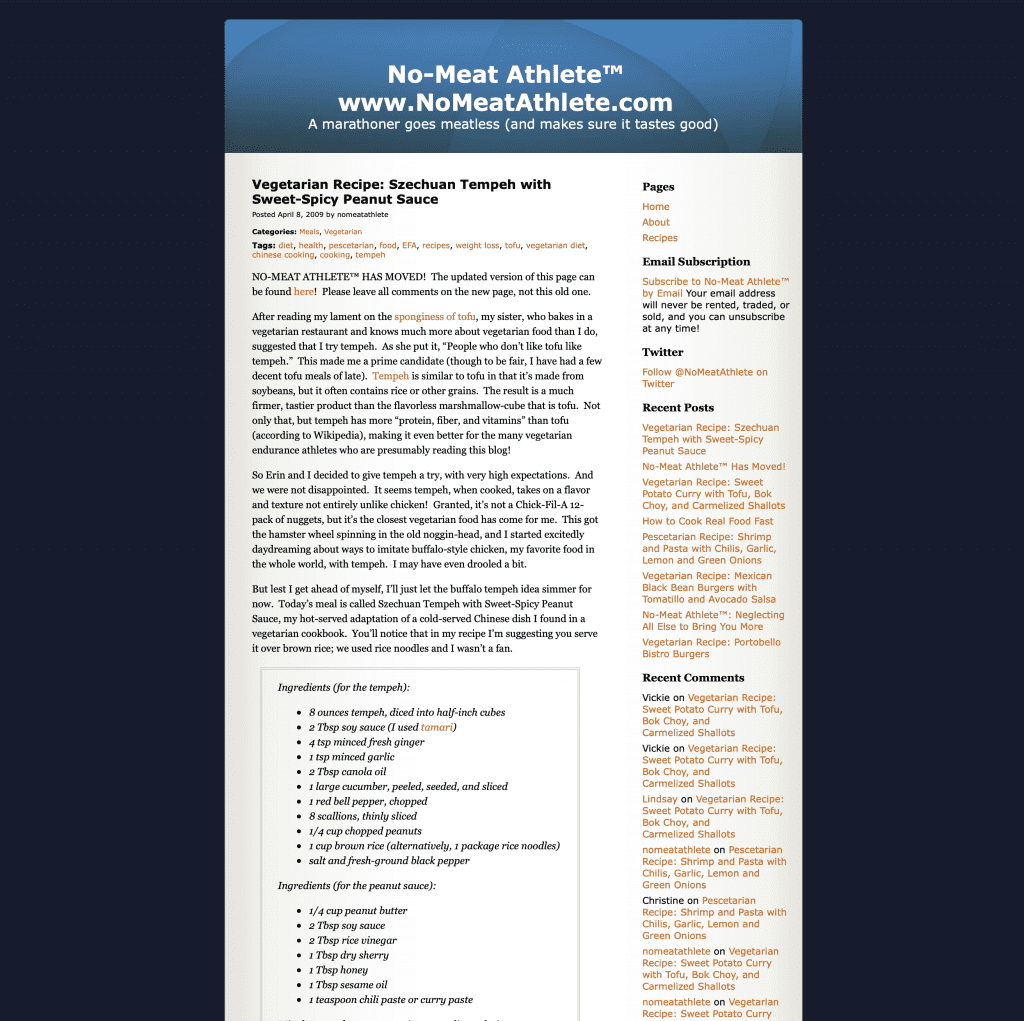 Image of No Meat Athlete's first blog post and web page